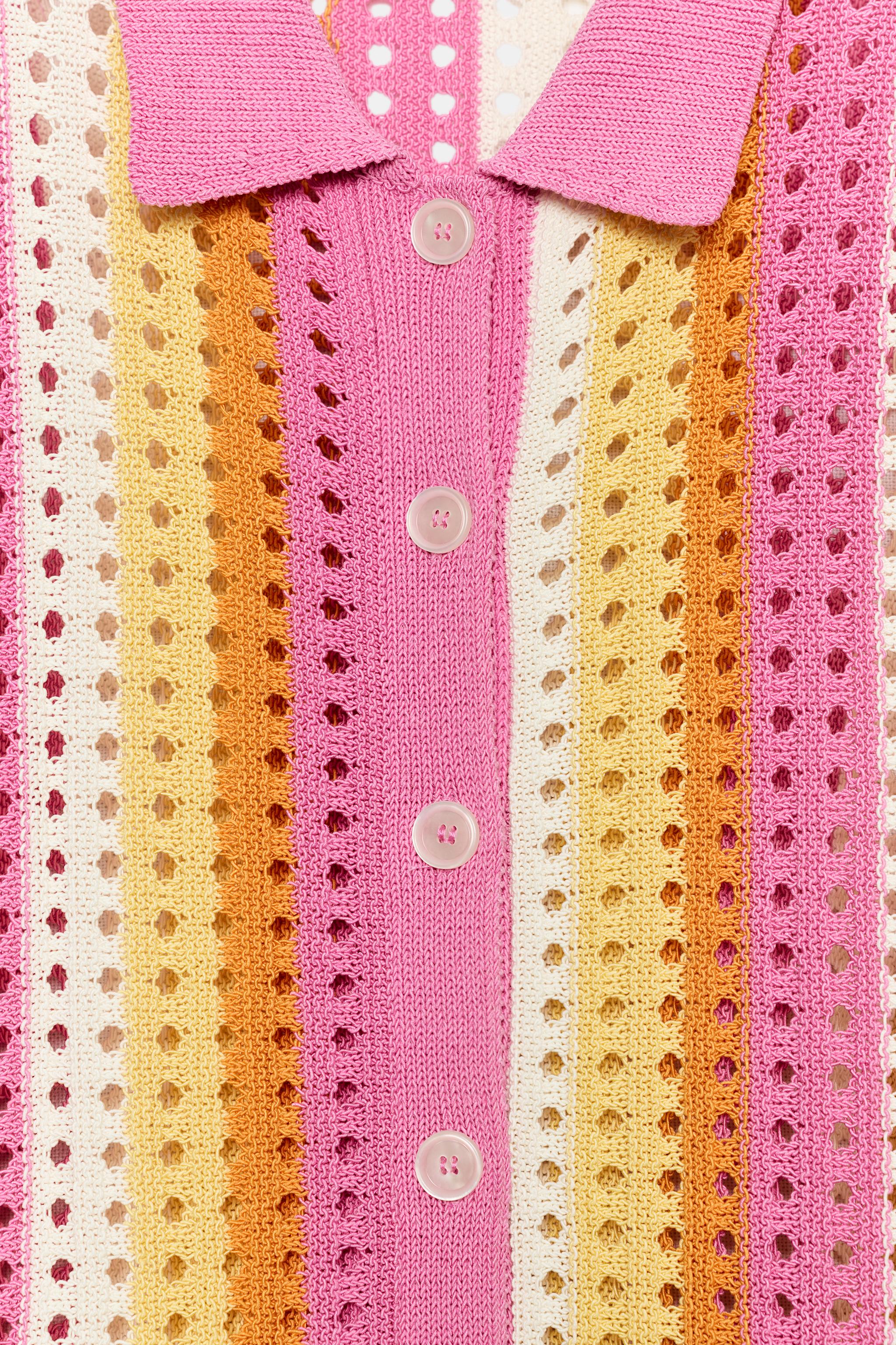 STRIPED OPENWORK KNIT POLO JACKET